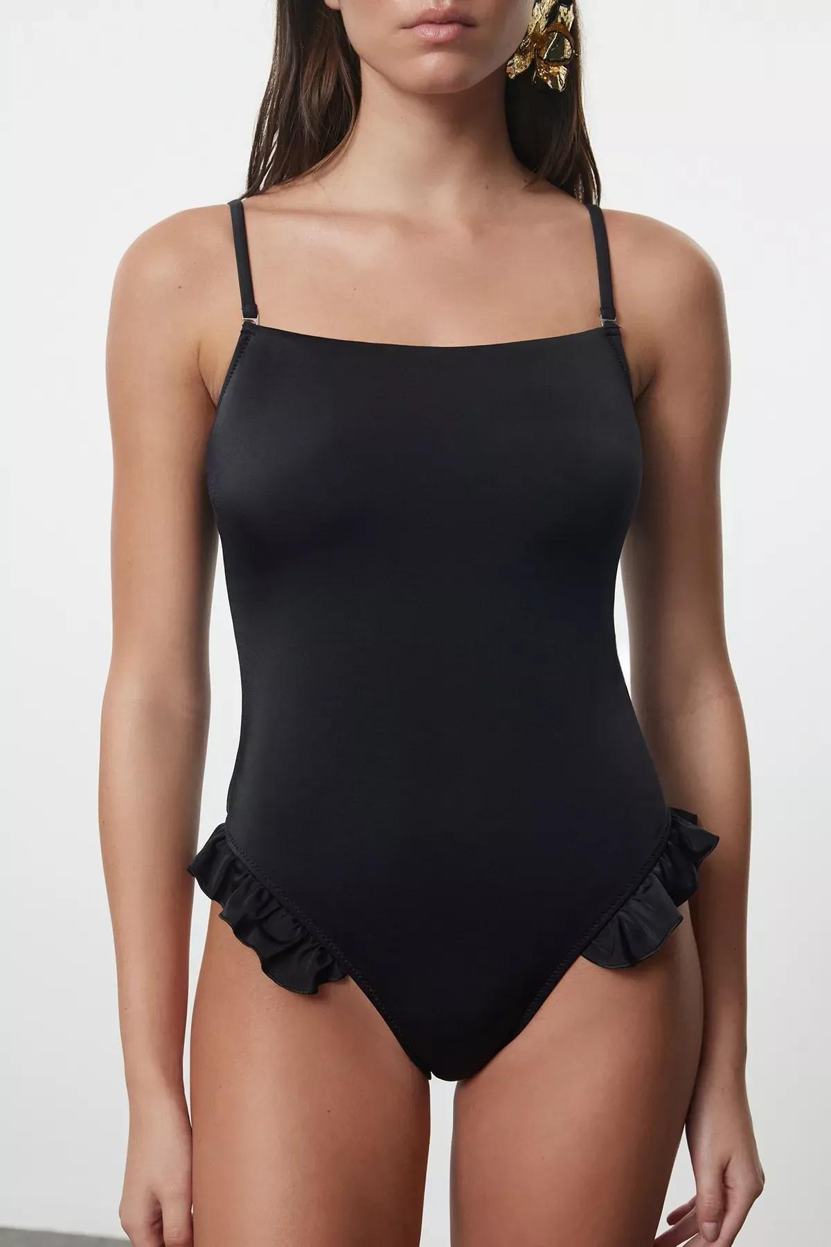 Black Square Collar Ruffle Swimsuit, , large image number 2