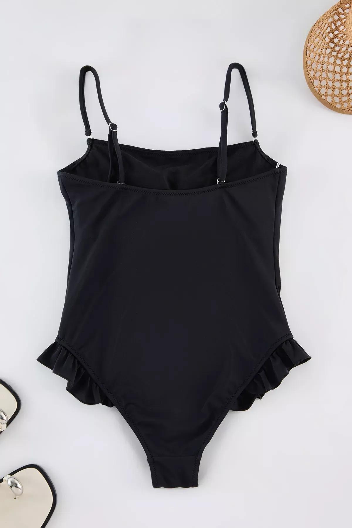 Black Square Collar Ruffle Swimsuit, , large image number 5