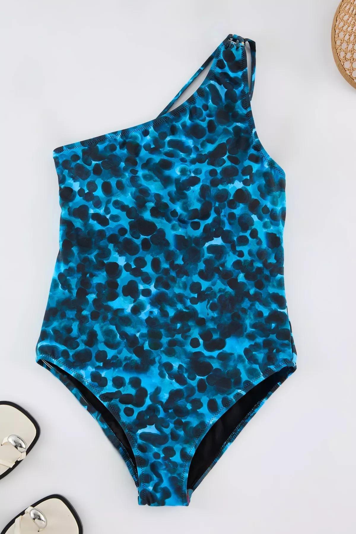 Blue Leopard Patterned One-Shoulder Swimsuit, Very colorful, large image number 4