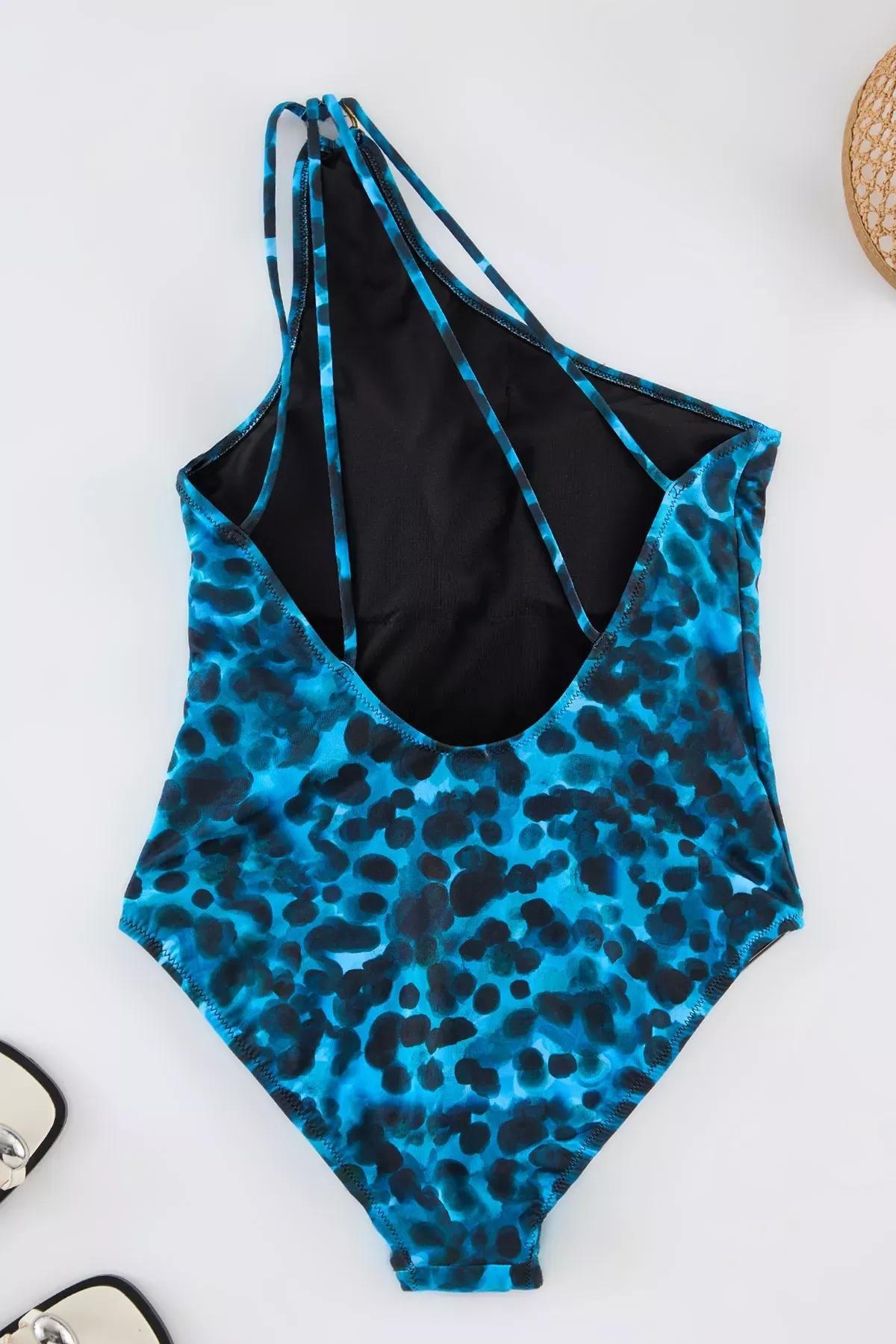 Blue Leopard Patterned One-Shoulder Swimsuit, Very colorful, large image number 5