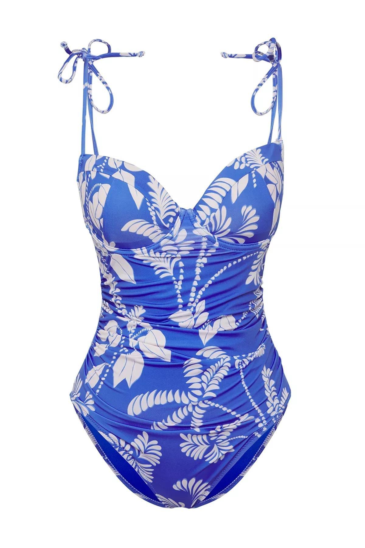 Blue Floral Balcony Draped Swimsuit, , large image number 4