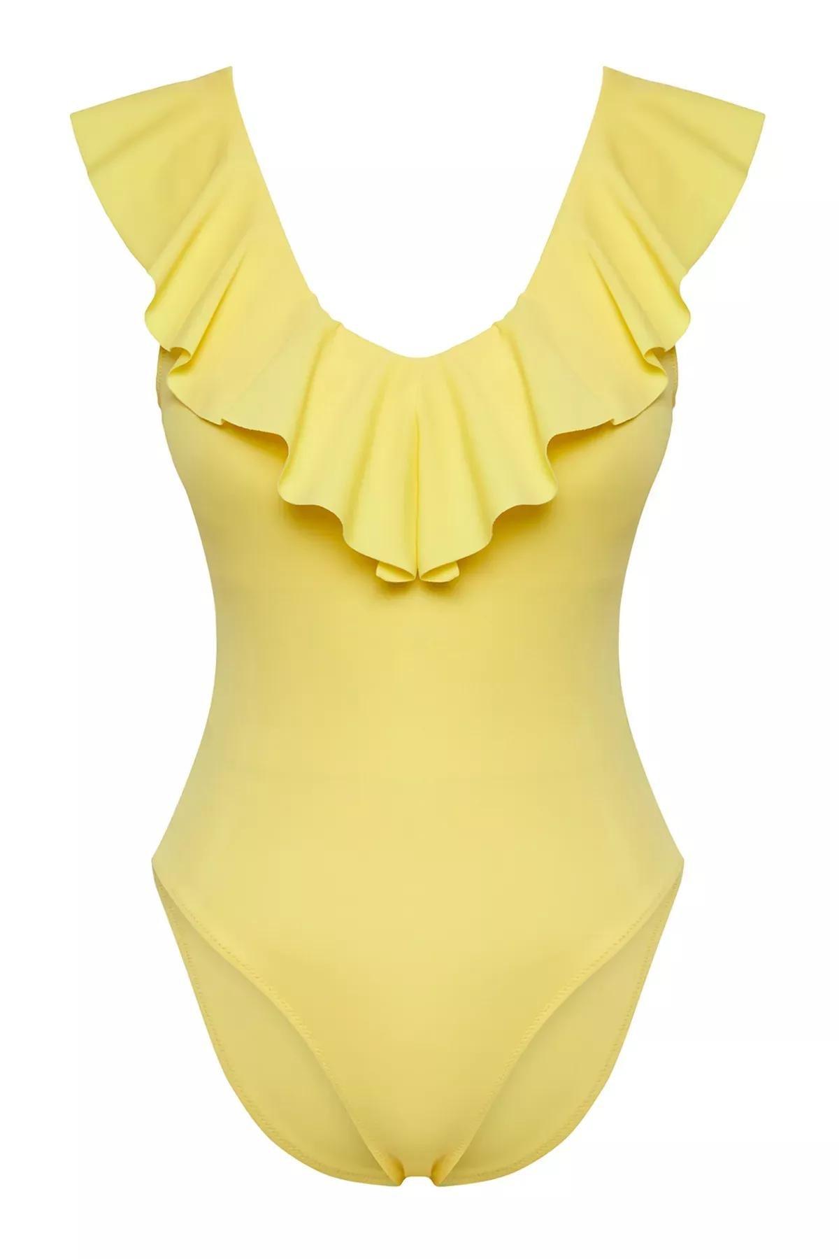 Yellow V-Neck Flounce Swimsuit, , large image number 4