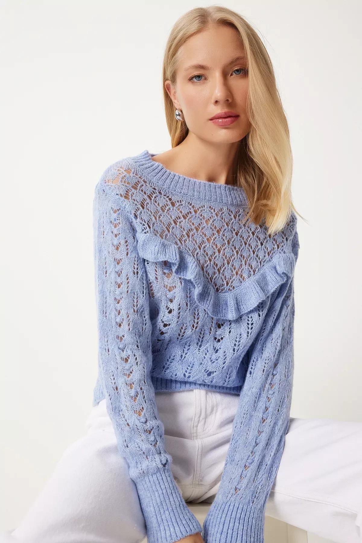 Blue Openwork Ruffled Knitted Blouse, Blue, large image number 0