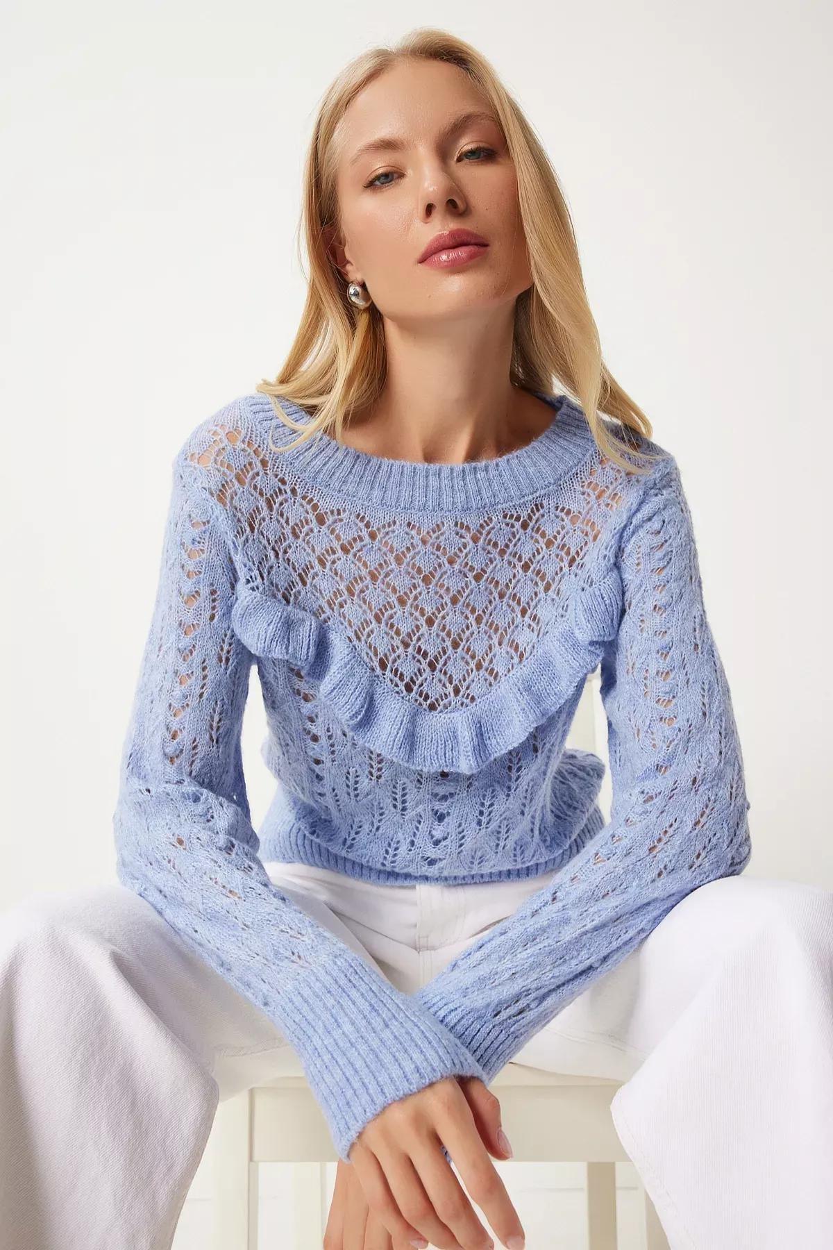 Blue Openwork Ruffled Knitted Blouse, Blue, large image number 1