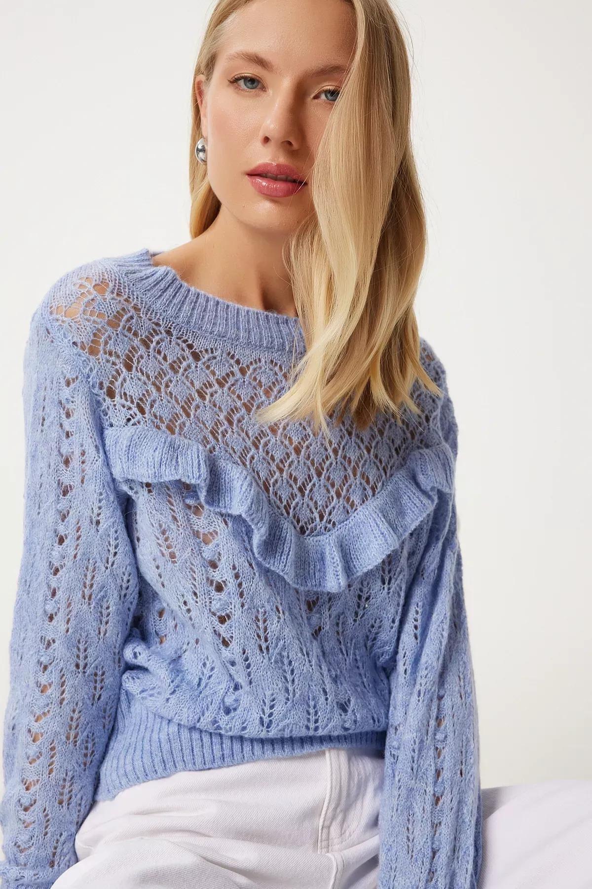 Blue Openwork Ruffled Knitted Blouse, Blue, large image number 2
