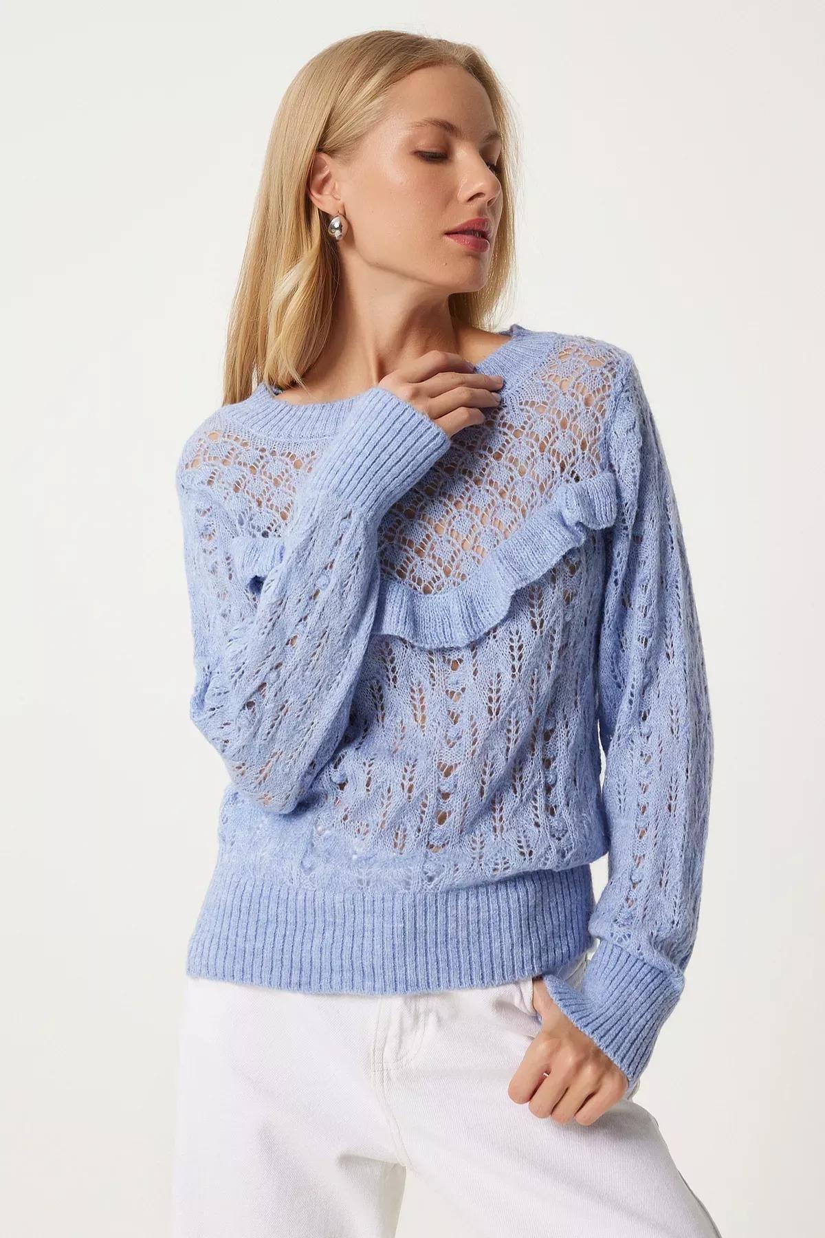 Blue Openwork Ruffled Knitted Blouse, Blue, large image number 3