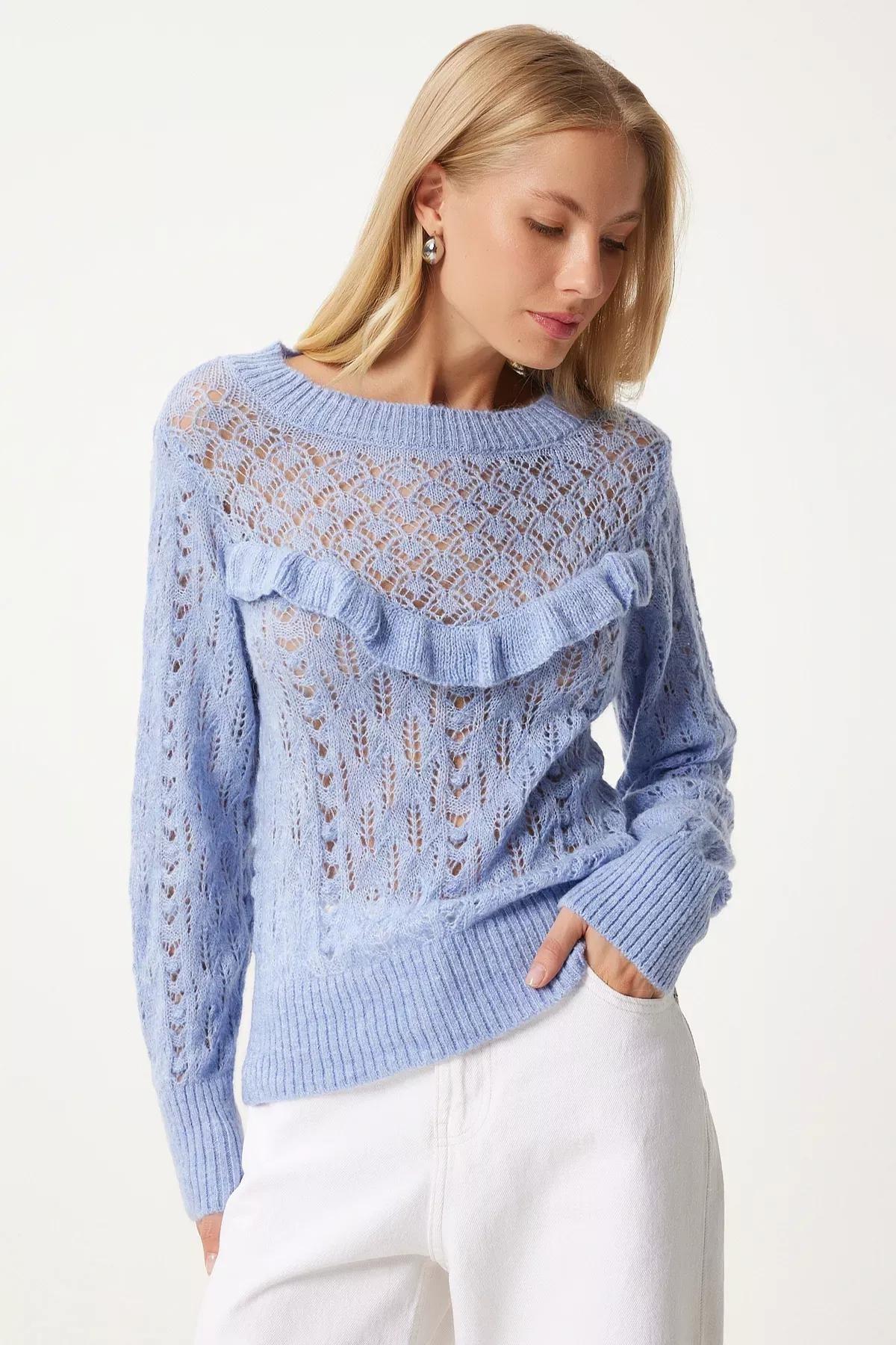 Blue Openwork Ruffled Knitted Blouse, Blue, large image number 4