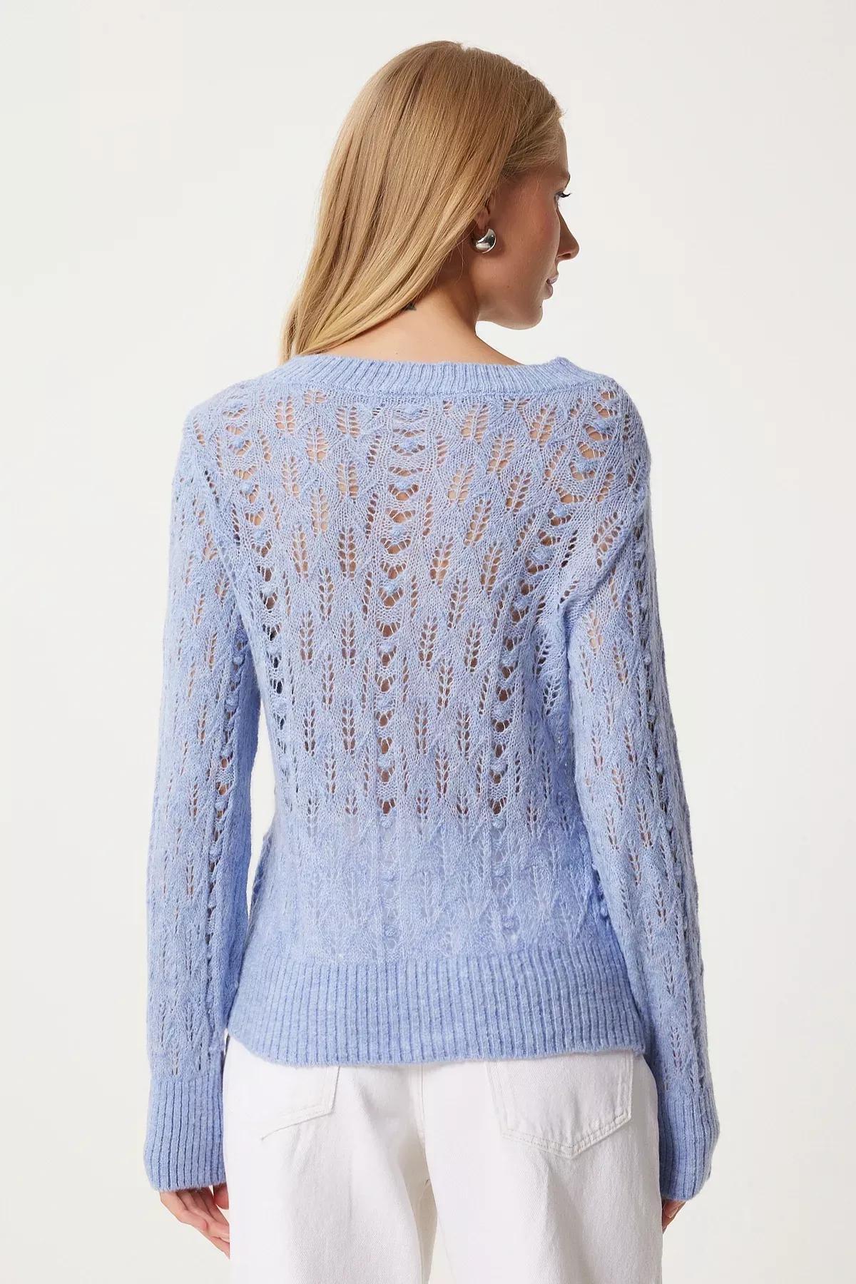 Blue Openwork Ruffled Knitted Blouse, Blue, large image number 5