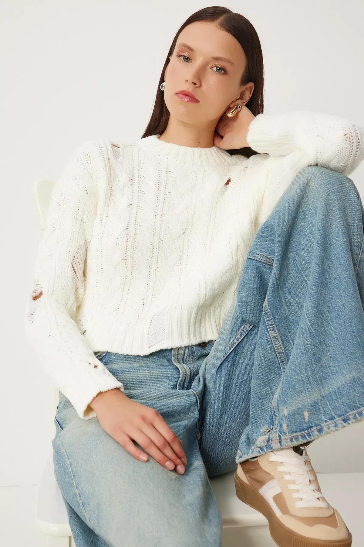 White Ripped Detail Knitted Sweater, Bone, large image number 0