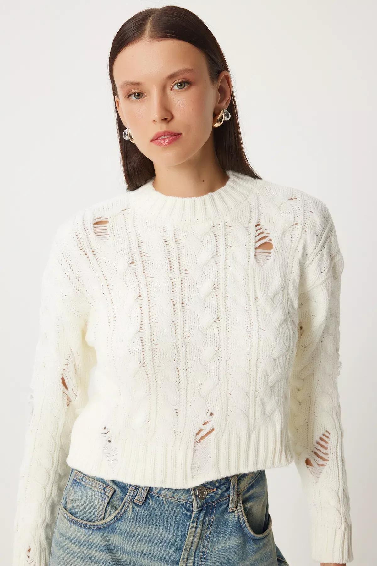 White Ripped Detail Knitted Sweater, Bone, large image number 1