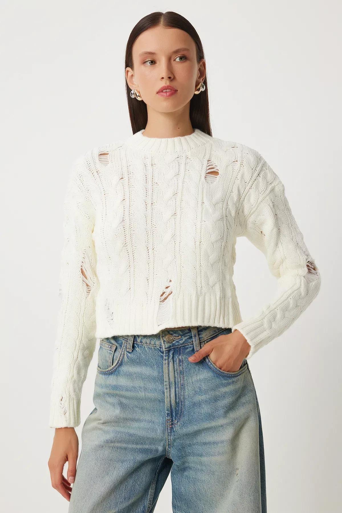 White Ripped Detail Knitted Sweater, Bone, large image number 2
