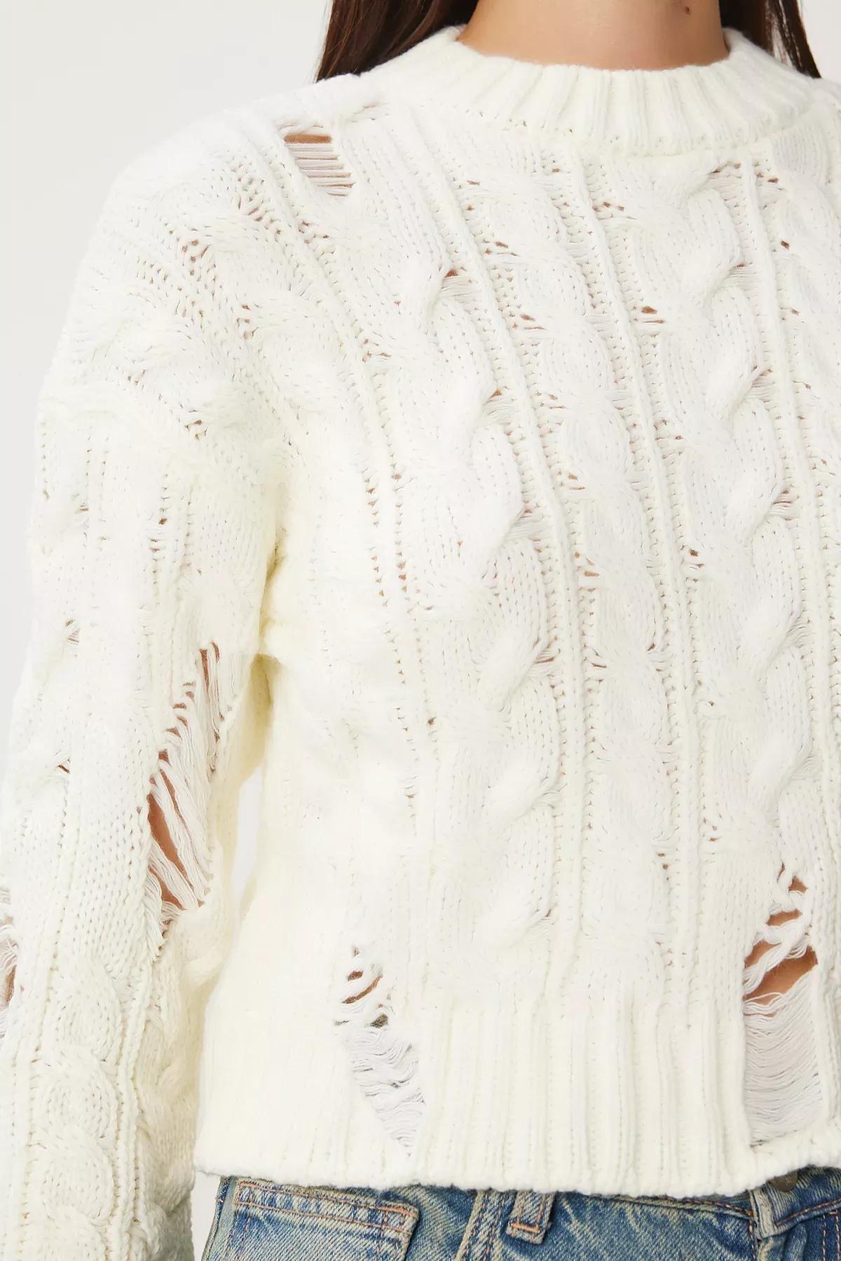White Ripped Detail Knitted Sweater, Bone, large image number 3
