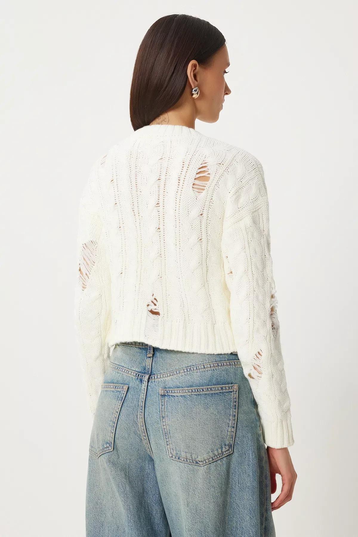 White Ripped Detail Knitted Sweater, Bone, large image number 4