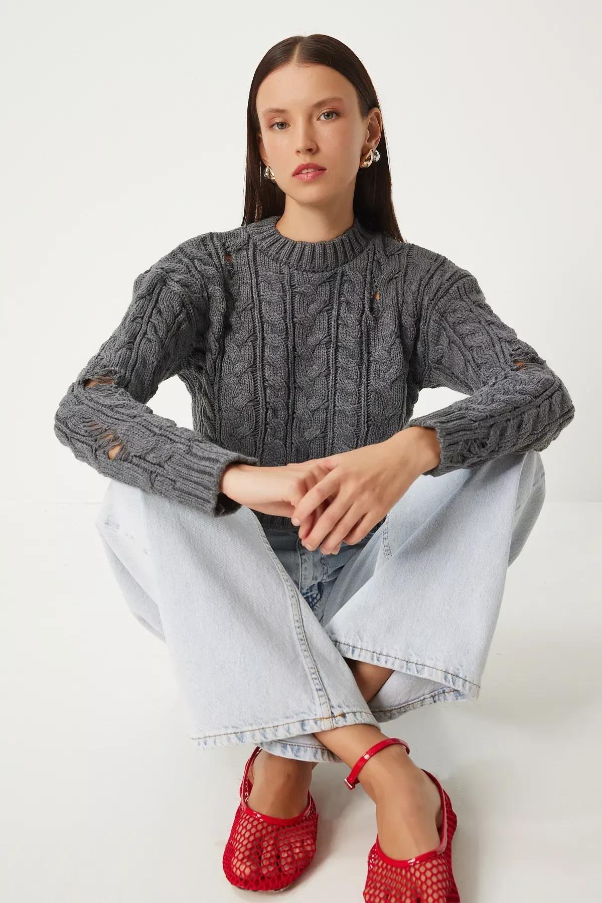 Grey Ripped Detailed Knit Sweater, Grey, large image number 0