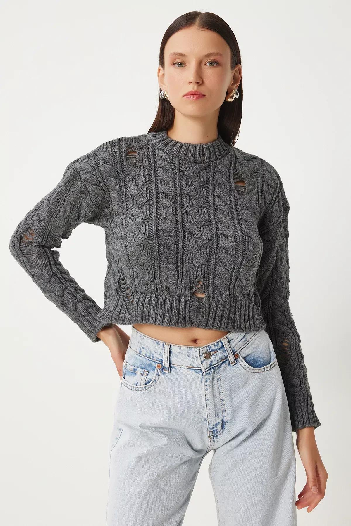 Grey Ripped Detailed Knit Sweater, Grey, large image number 1