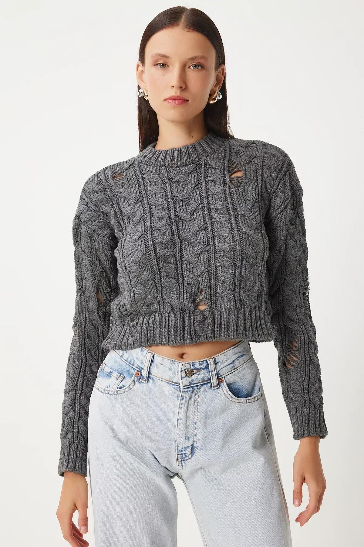 Grey Ripped Detailed Knit Sweater, Grey, large image number 2