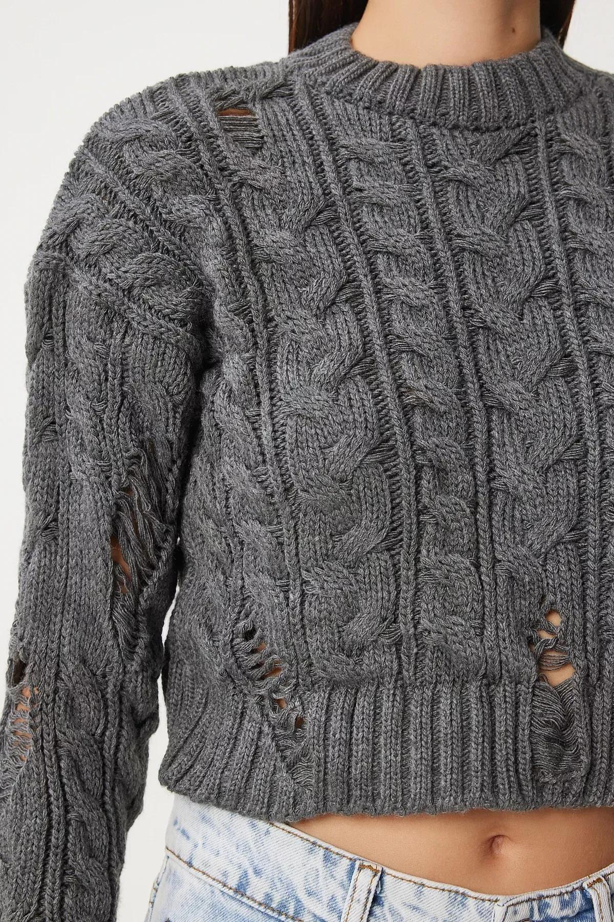 Grey Ripped Detailed Knit Sweater, Grey, large image number 3