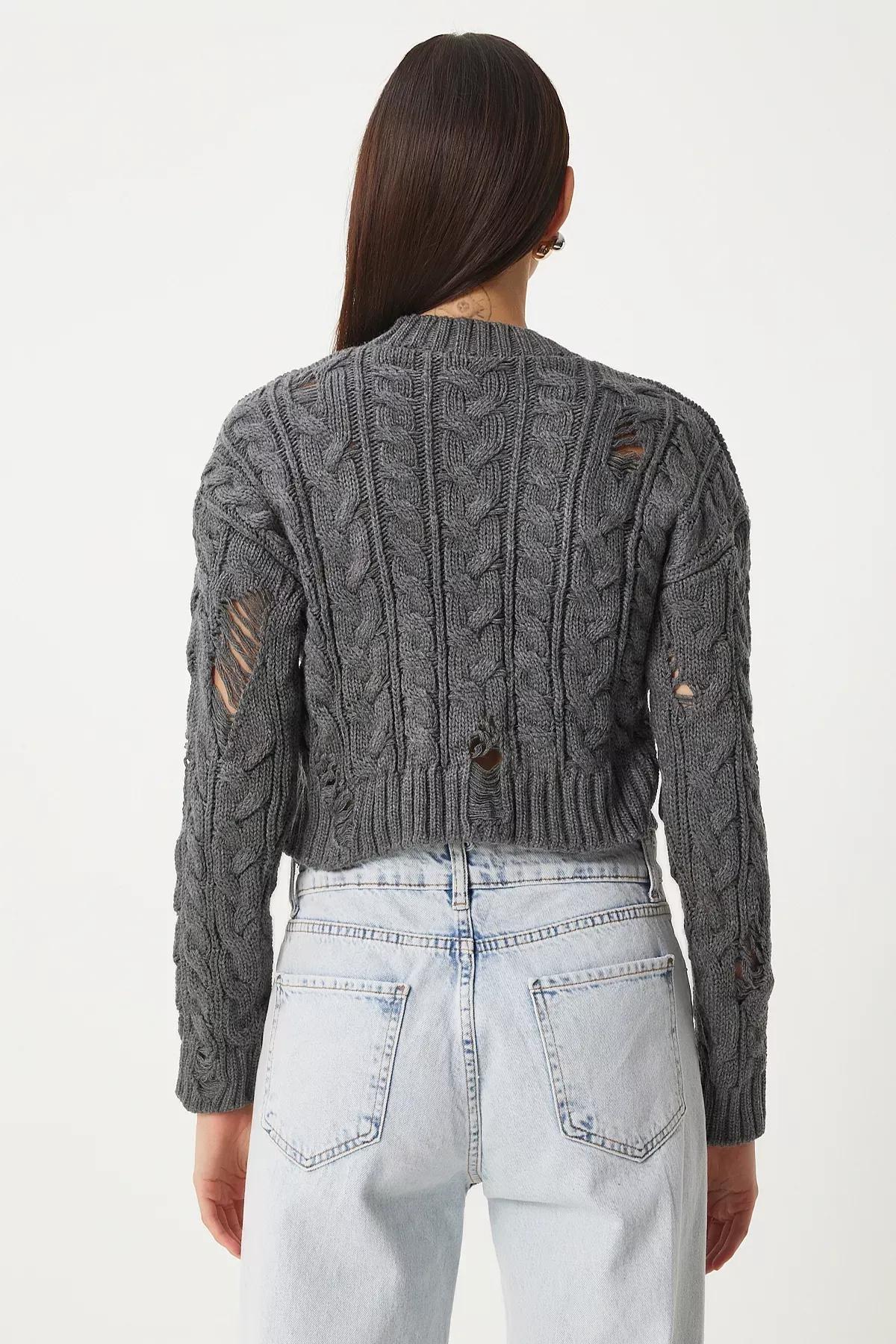 Grey Ripped Detailed Knit Sweater, Grey, large image number 4
