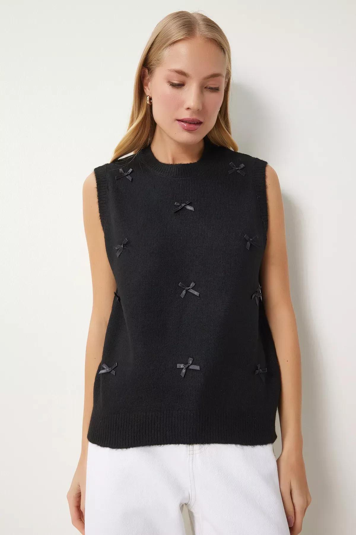Black Bow Knitwear Sweater, BLACK, large image number 0