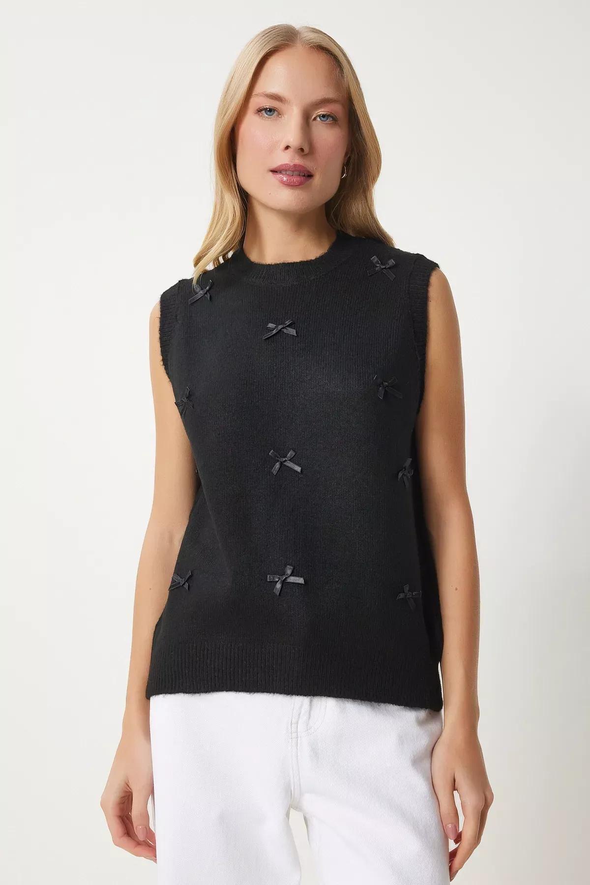 Black Bow Knitwear Sweater, BLACK, large image number 1