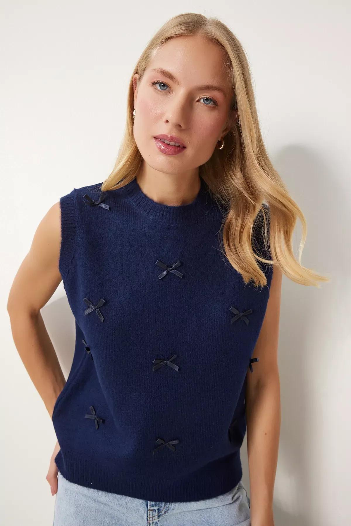 Navy Bow Knitted Sweater, Navy blue, large image number 0