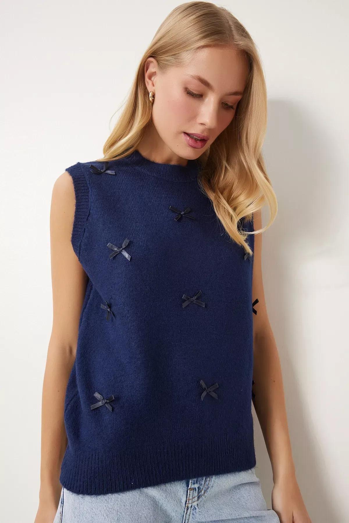 Navy Bow Knitted Sweater, Navy blue, large image number 1