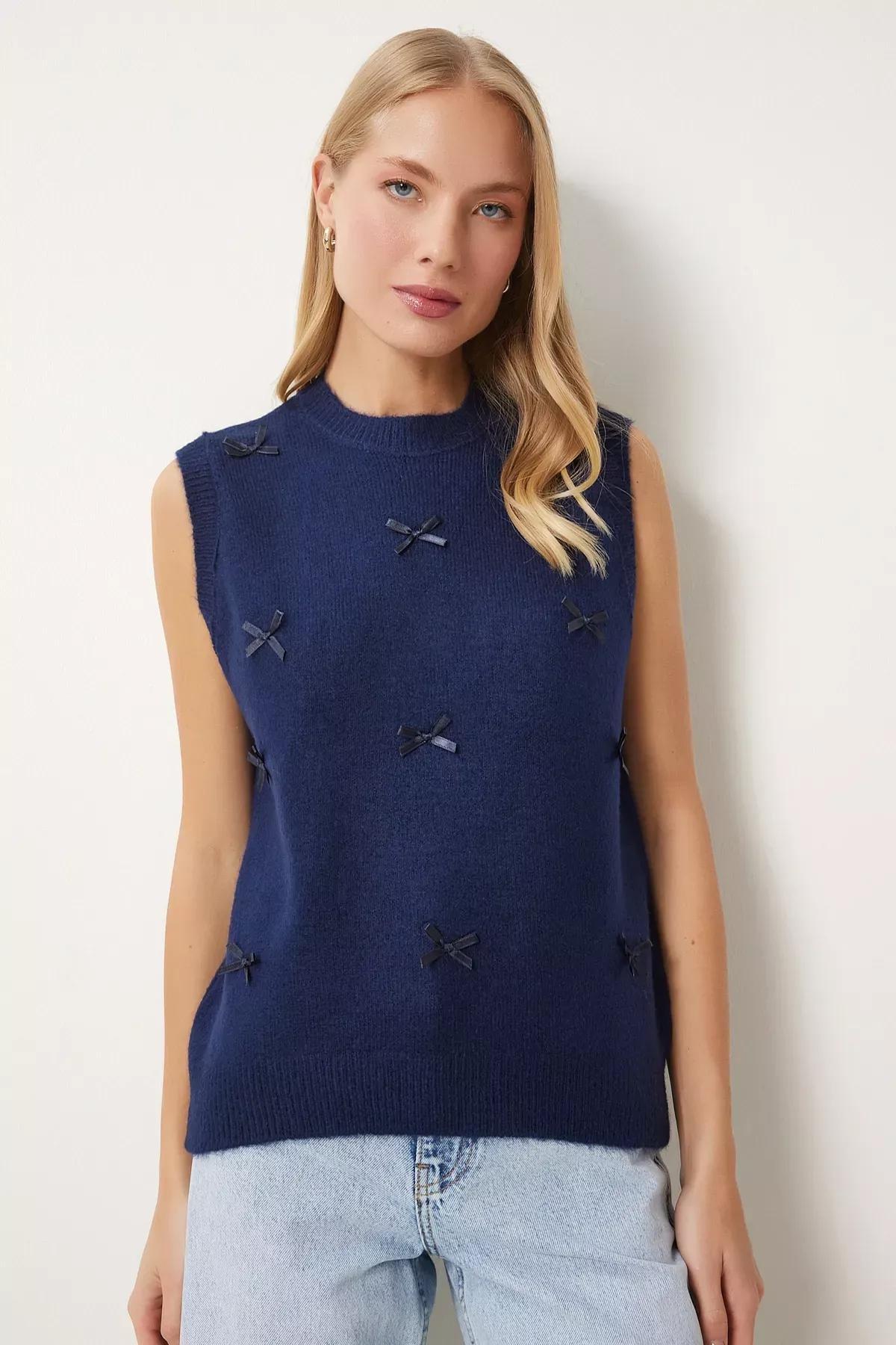 Navy Bow Knitted Sweater, Navy blue, large image number 3