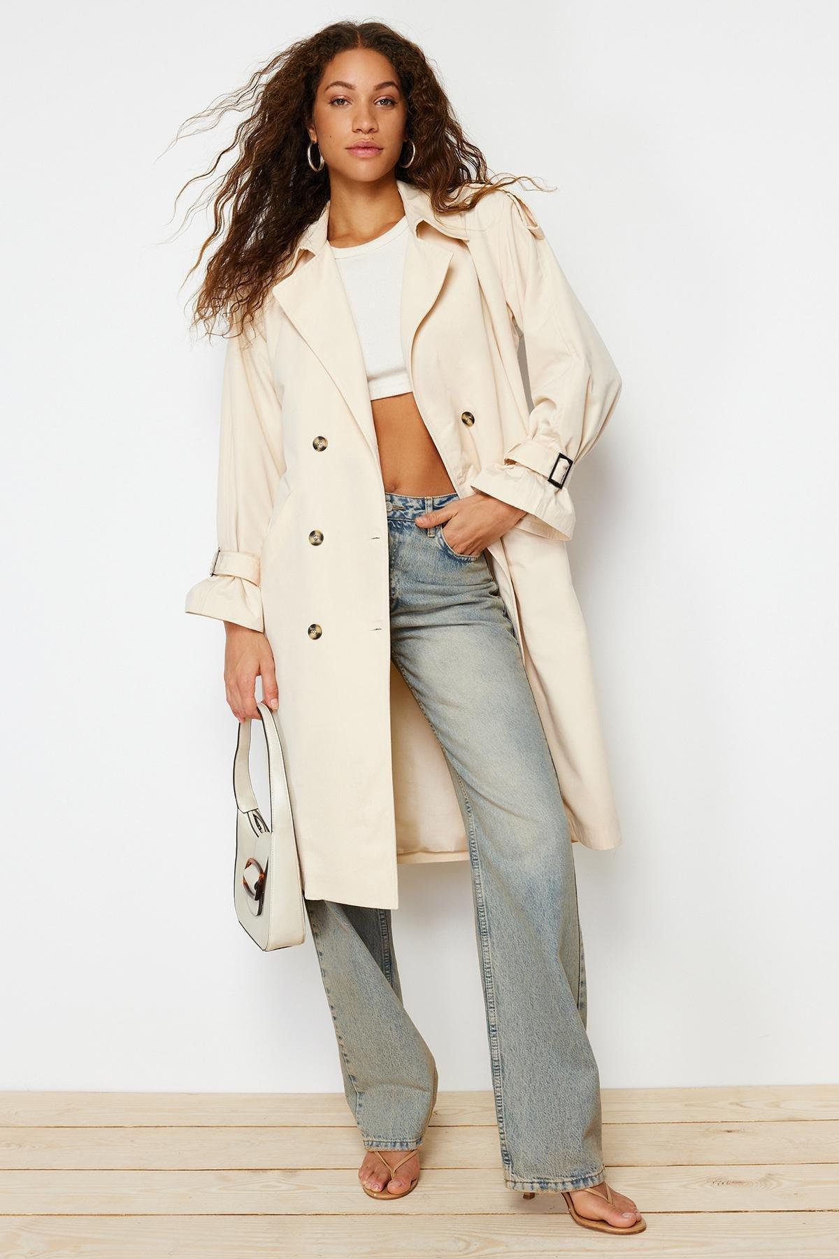 Beige Oversized Wide Cut Belted Trench Coat, , large image number 0