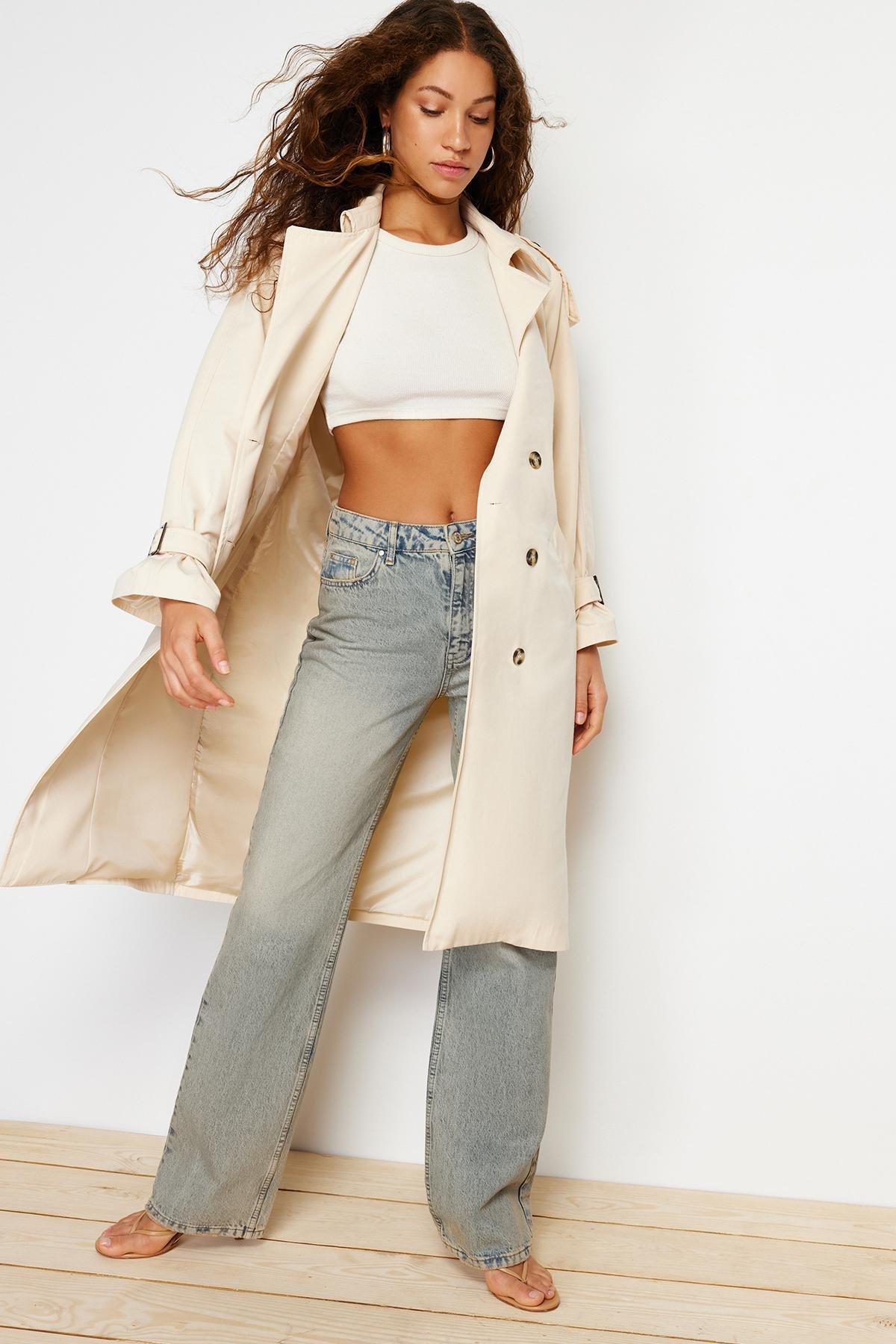 Beige Oversized Wide Cut Belted Trench Coat, , large image number 2