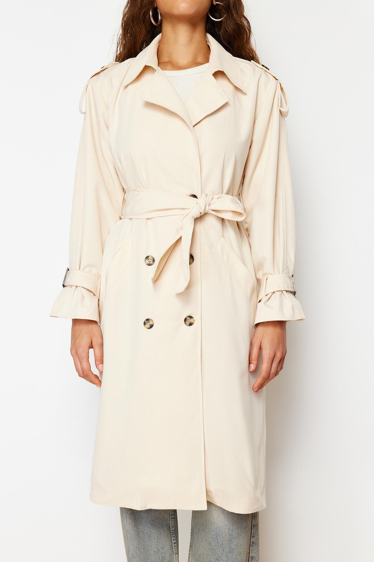 Beige Oversized Wide Cut Belted Trench Coat, , large image number 4