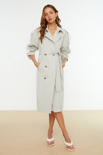 Trendyol - Grey Double Breasted Maxi Trench Coat