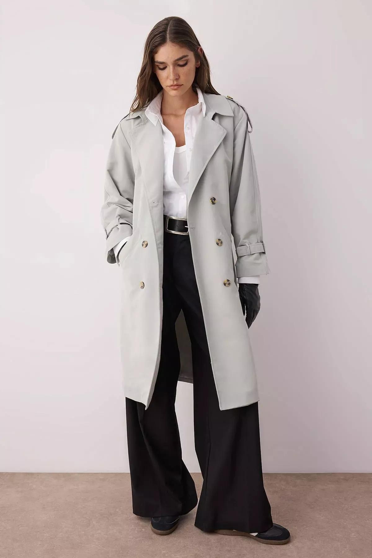 Grey Double-Breasted Maxi Trench Coat, , large image number 1