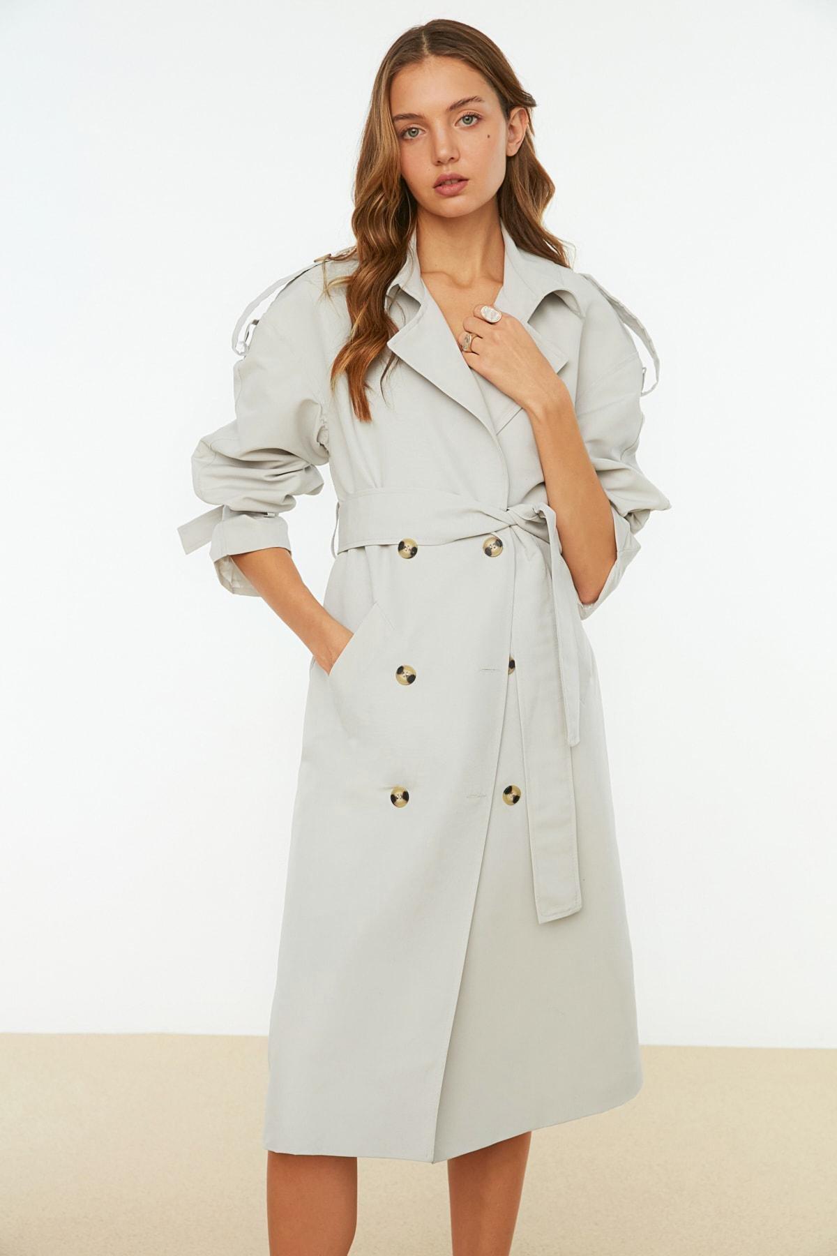 Grey Double-Breasted Maxi Trench Coat, , large image number 2