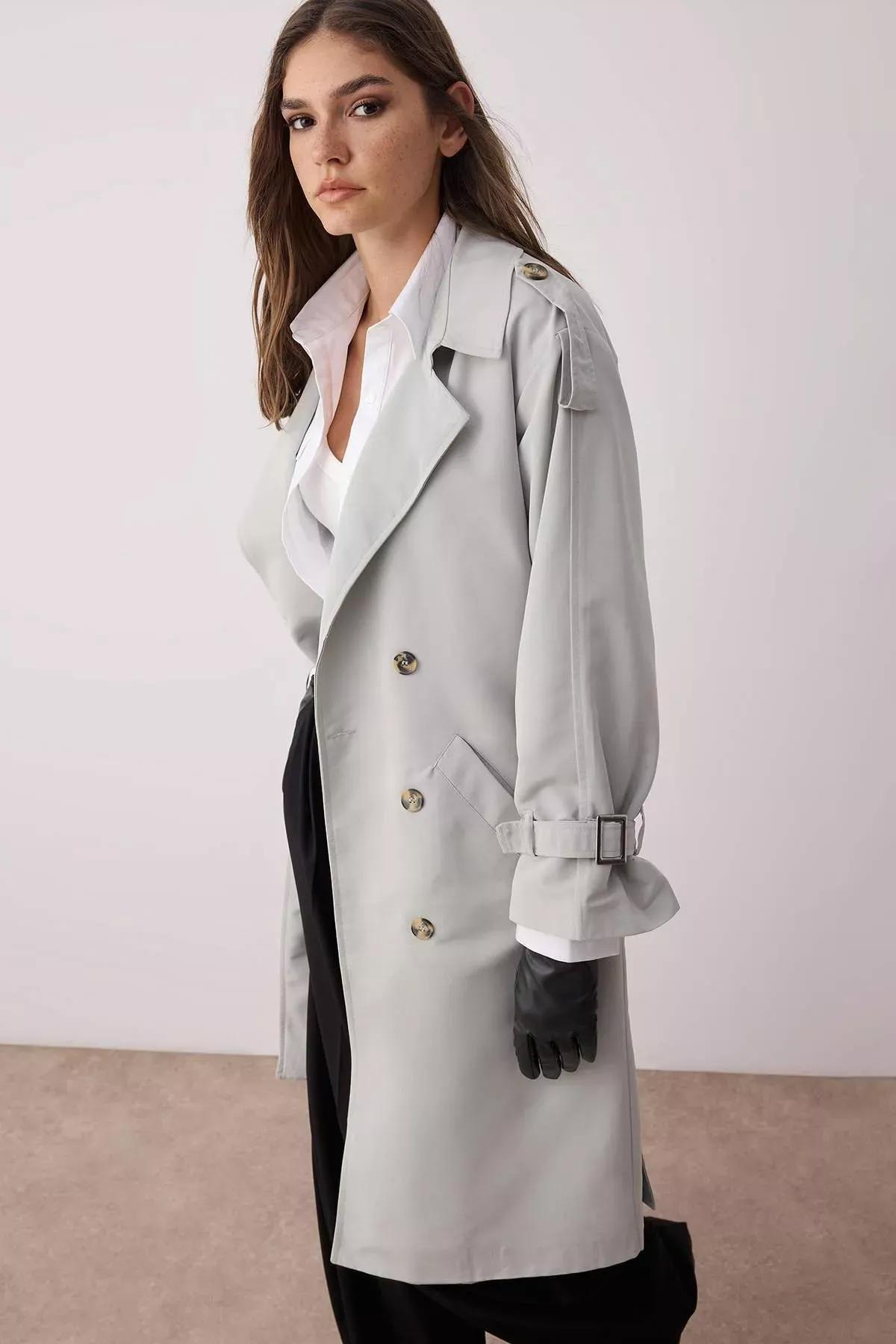 Grey Double-Breasted Maxi Trench Coat, , large image number 2