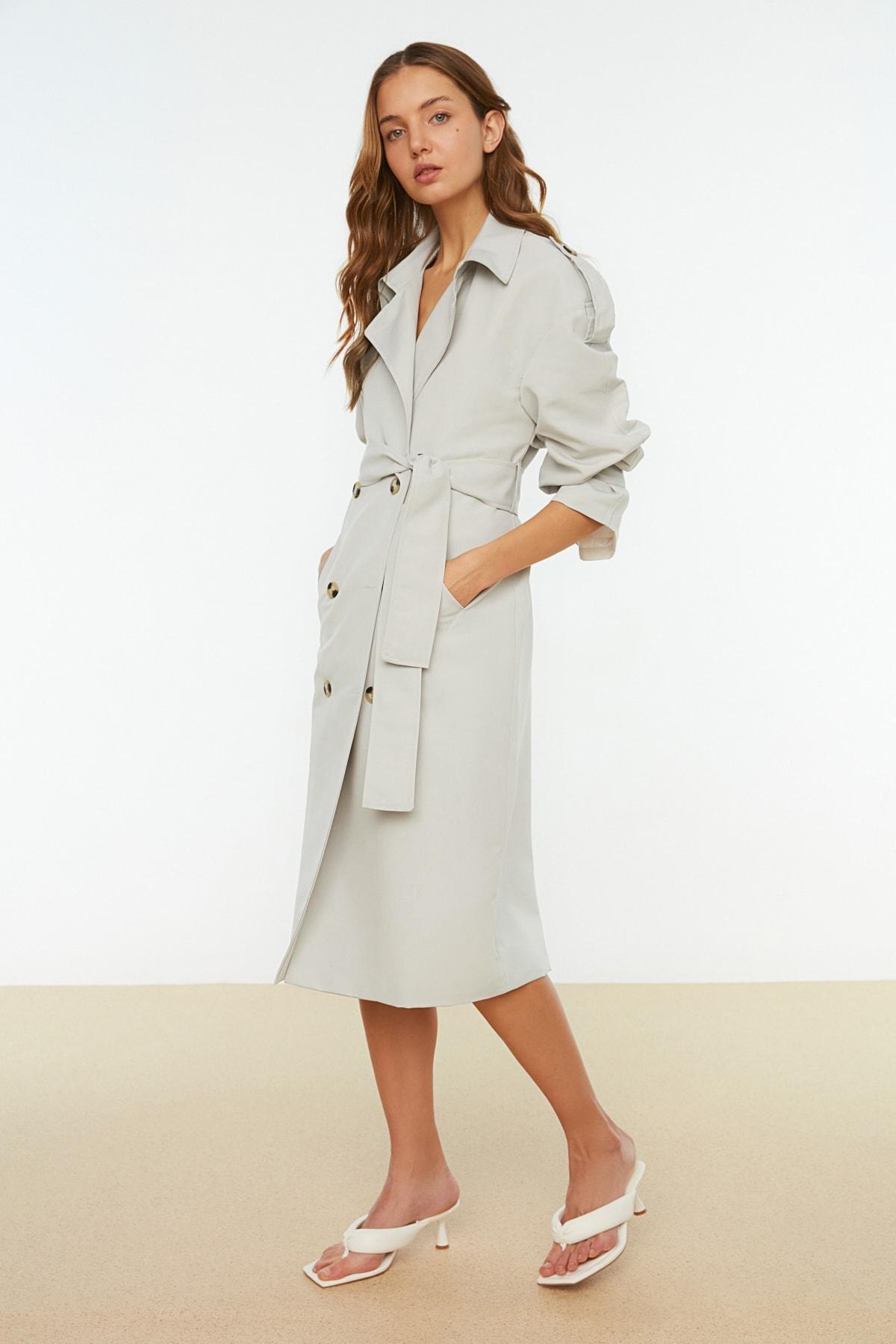 Trendyol - Grey Double-Breasted Maxi Trench Coat