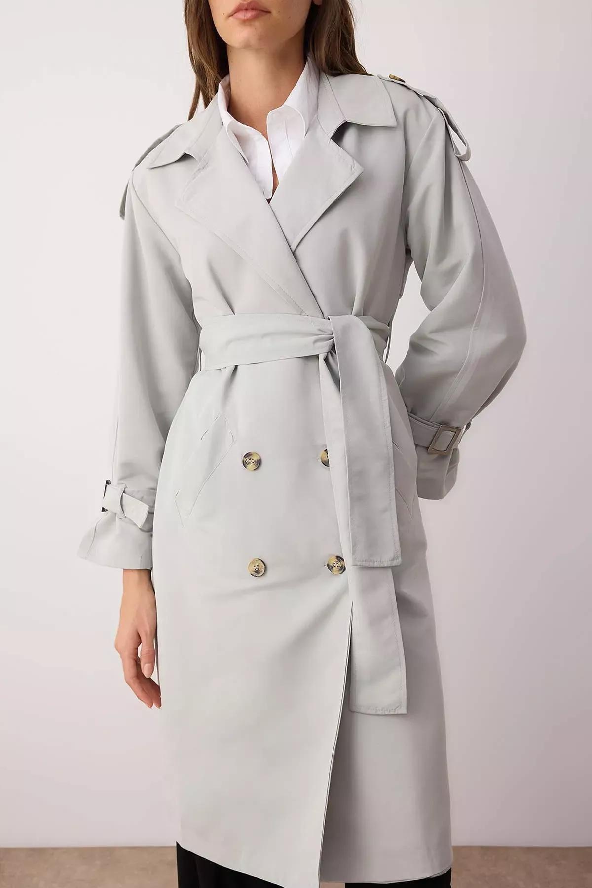 Grey Double-Breasted Maxi Trench Coat, , large image number 4
