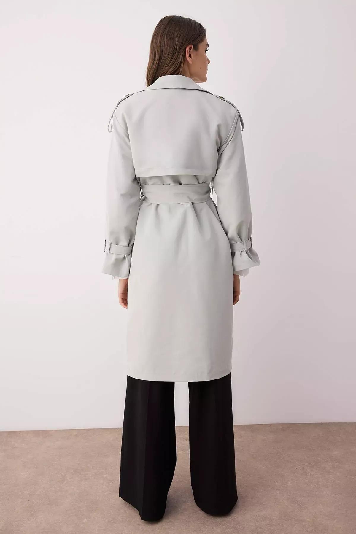 Grey Double-Breasted Maxi Trench Coat, , large image number 6