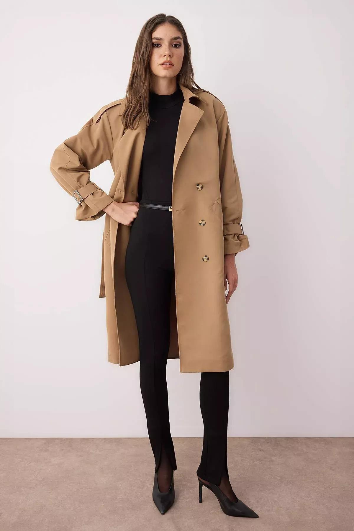 Brown Double-Breasted Maxi Trench Coat, Brown, large image number 0
