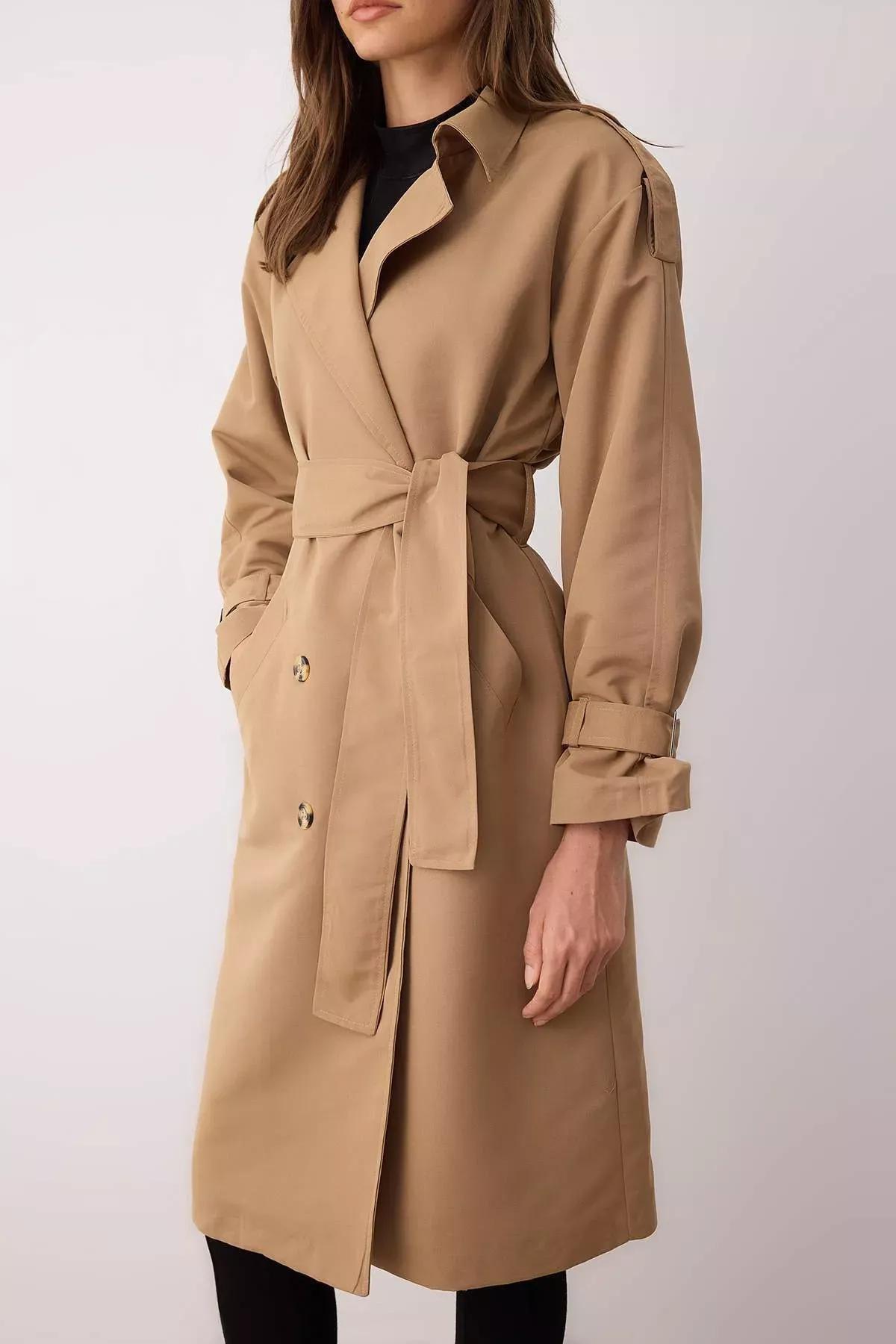 Brown Double-Breasted Maxi Trench Coat, Brown, large image number 3