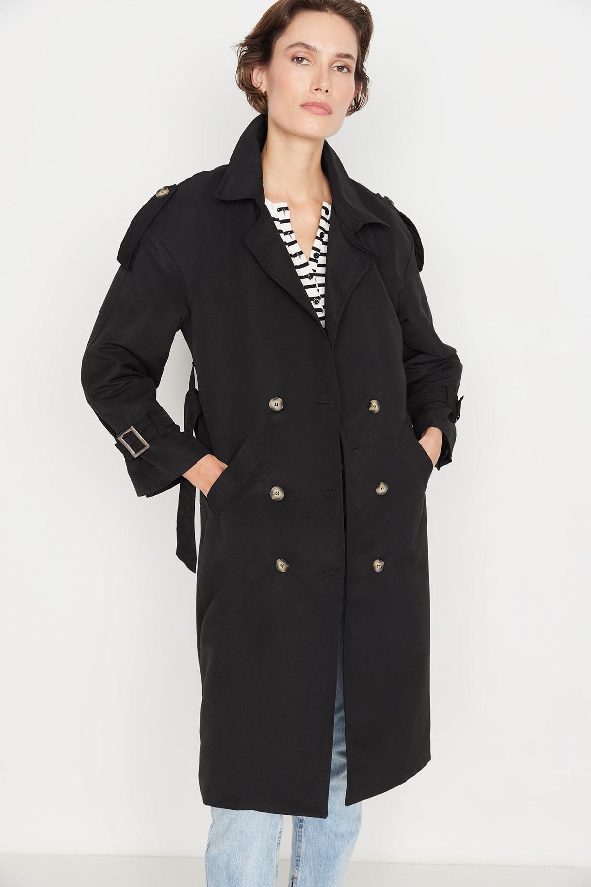Black Double-Breasted Trench Coat, , large image number 0