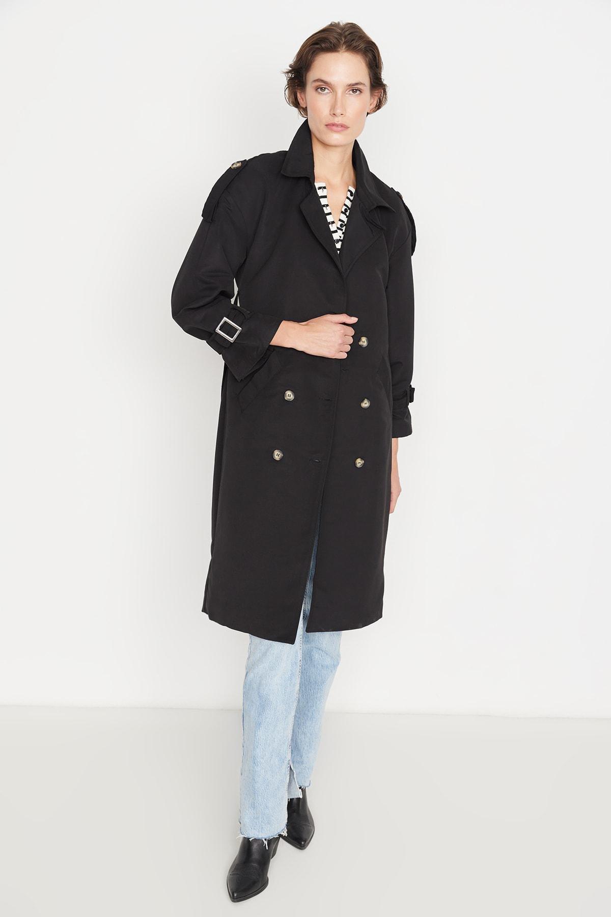 Black Double-Breasted Trench Coat, , large image number 1