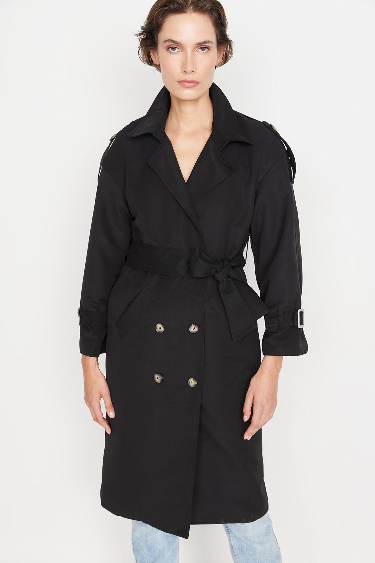Black Double-Breasted Trench Coat, , large image number 5