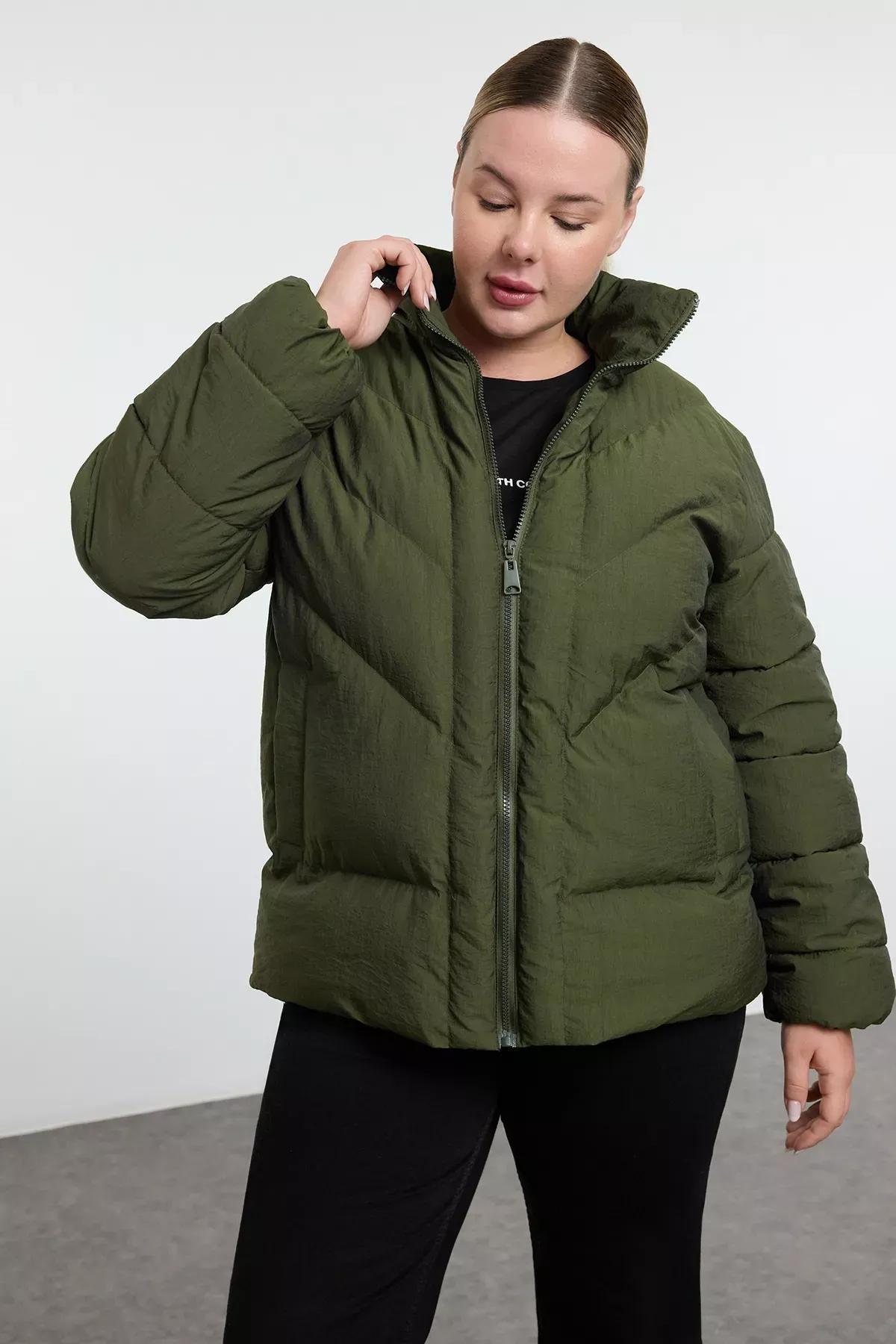Green Textured Crinkle Puffer Jacket, Khaki, large image number 0