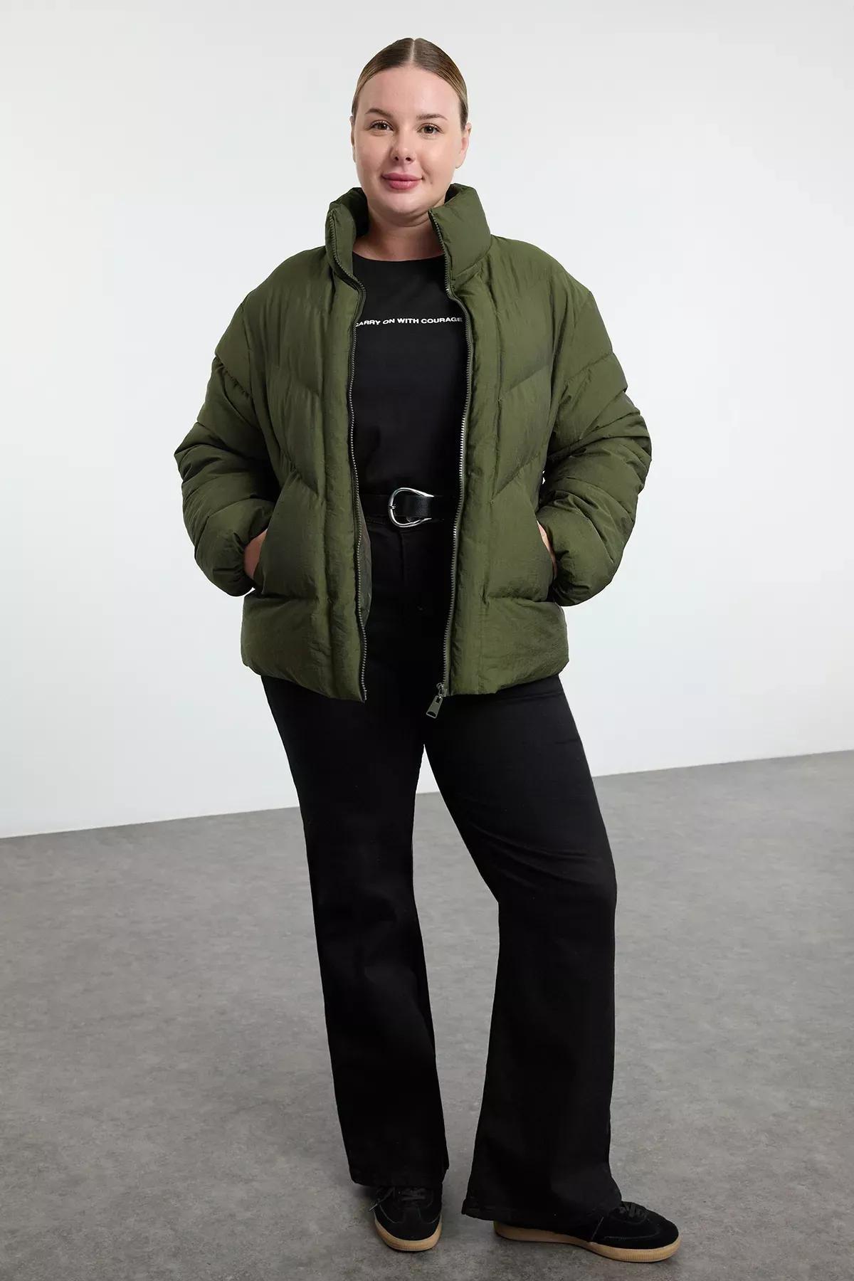 Green Textured Crinkle Puffer Jacket, Khaki, large image number 1