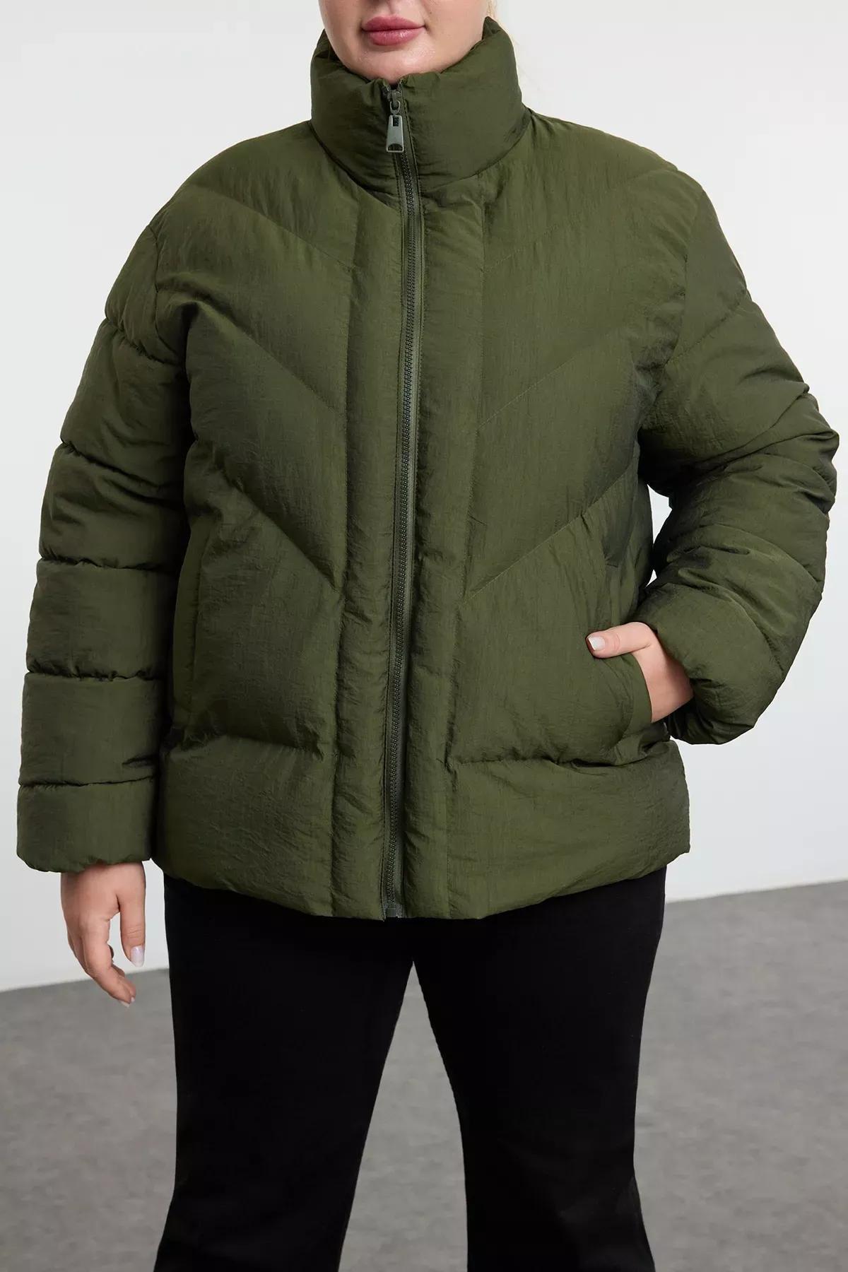 Green Textured Crinkle Puffer Jacket, Khaki, large image number 2