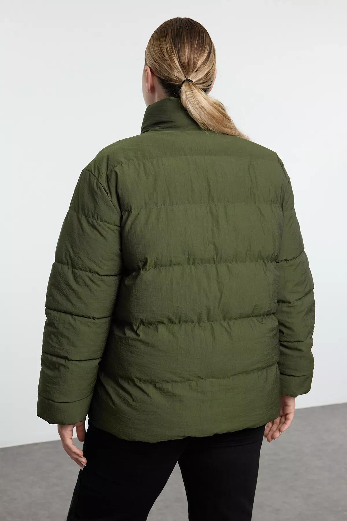 Green Textured Crinkle Puffer Jacket, Khaki, large image number 4