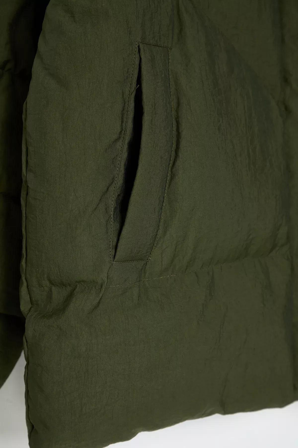 Green Textured Crinkle Puffer Jacket, Khaki, large image number 5