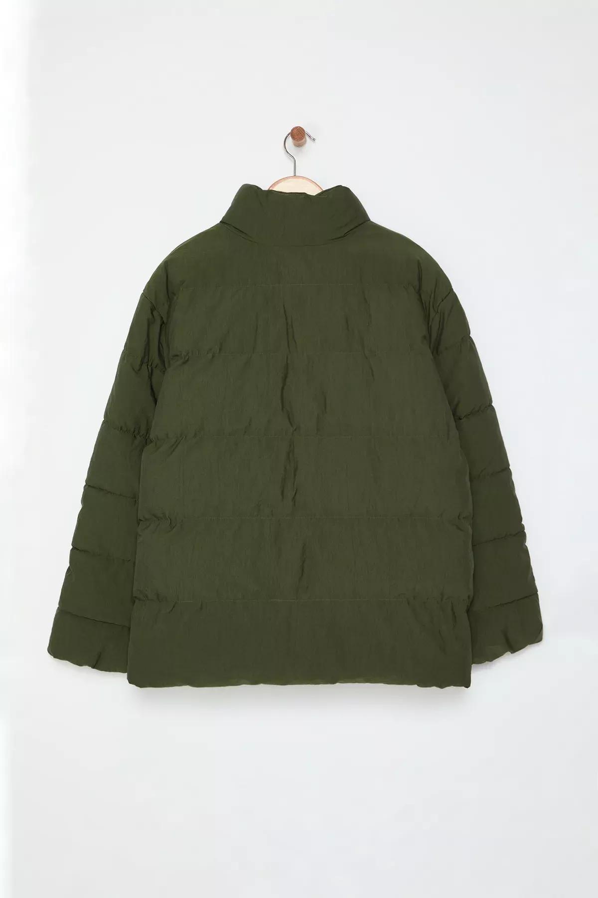 Green Textured Crinkle Puffer Jacket, Khaki, large image number 6