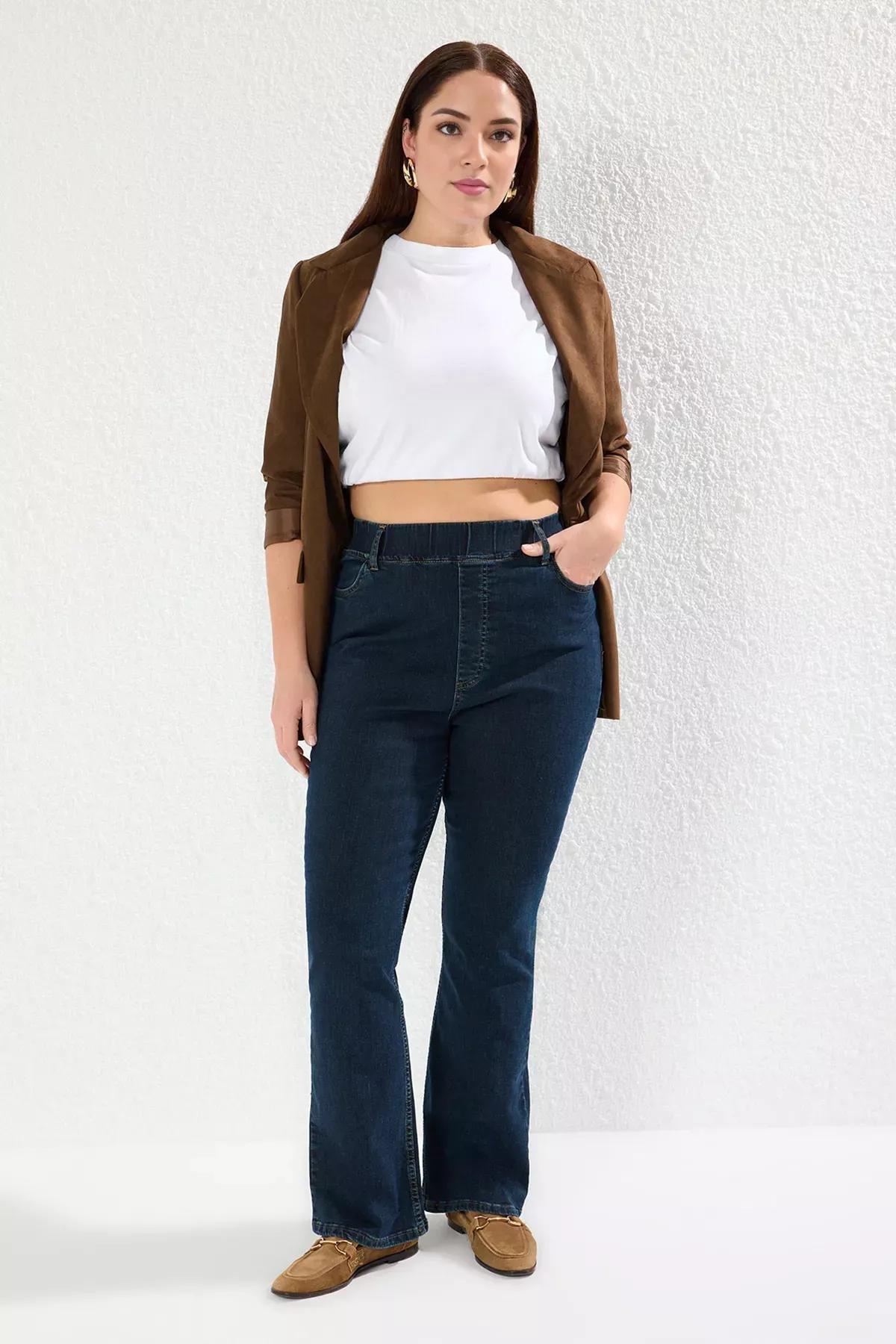 Navy Elastic Waist Flared Jeans, , large image number 0