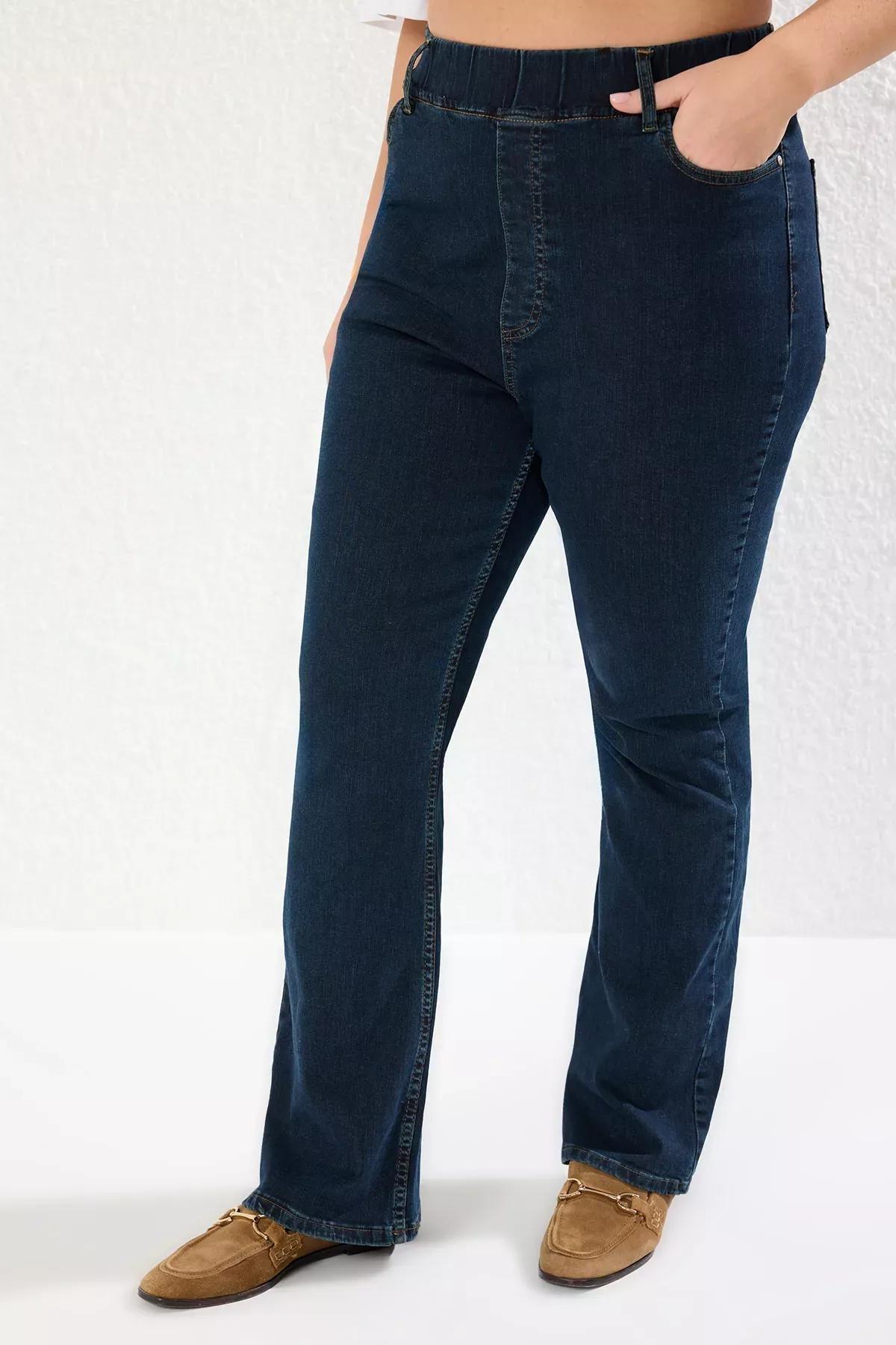 Navy Elastic Waist Flared Jeans, , large image number 2